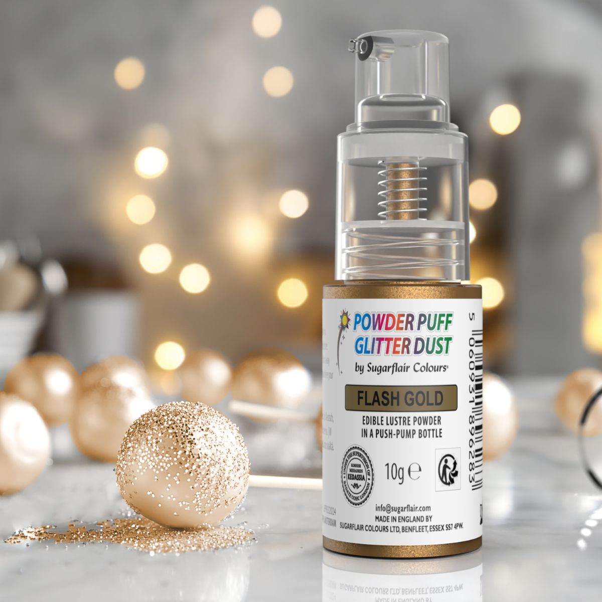 Sugarflair Pump Spray Powder Puff Glitter Dust Flash Gold 10g