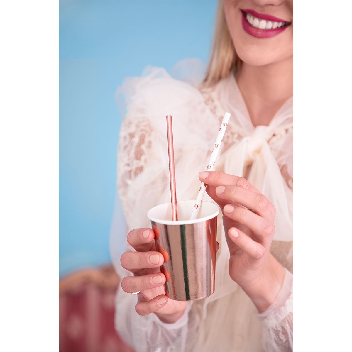 PartyDeco Papieren Rietjes hartjes rosegoud pk/10